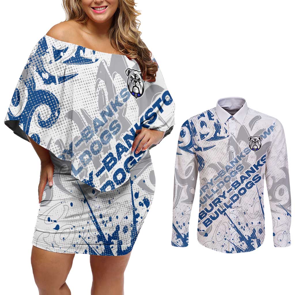 Personalized Canterbury-Bankstown Bulldogs Rugby Couples Matching Off Shoulder Short Dress and Long Sleeve Button Shirt Urban Street Graffiti Style - Distressed Splatter Elements