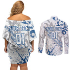 Personalized Canterbury-Bankstown Bulldogs Rugby Couples Matching Off Shoulder Short Dress and Long Sleeve Button Shirt Urban Street Graffiti Style - Distressed Splatter Elements