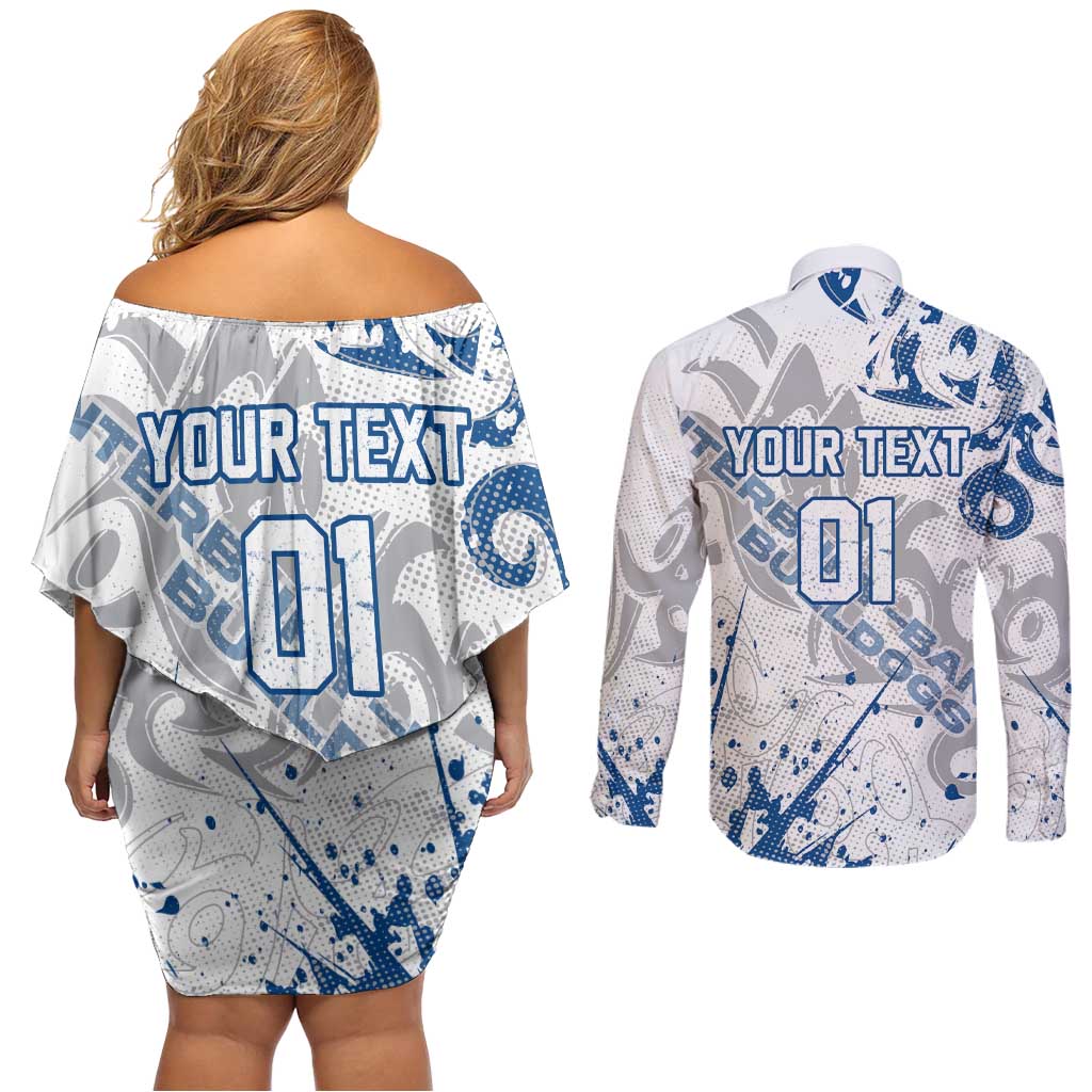 Personalized Canterbury-Bankstown Bulldogs Rugby Couples Matching Off Shoulder Short Dress and Long Sleeve Button Shirt Urban Street Graffiti Style - Distressed Splatter Elements
