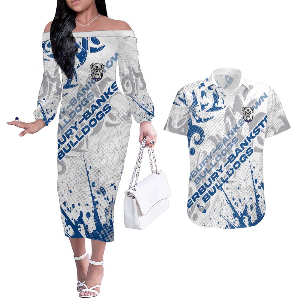 Personalized Canterbury-Bankstown Bulldogs Rugby Couples Matching Off The Shoulder Long Sleeve Dress and Hawaiian Shirt Urban Street Graffiti Style - Distressed Splatter Elements