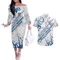 Personalized Canterbury-Bankstown Bulldogs Rugby Couples Matching Off The Shoulder Long Sleeve Dress and Hawaiian Shirt Urban Street Graffiti Style - Distressed Splatter Elements