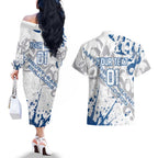 Personalized Canterbury-Bankstown Bulldogs Rugby Couples Matching Off The Shoulder Long Sleeve Dress and Hawaiian Shirt Urban Street Graffiti Style - Distressed Splatter Elements