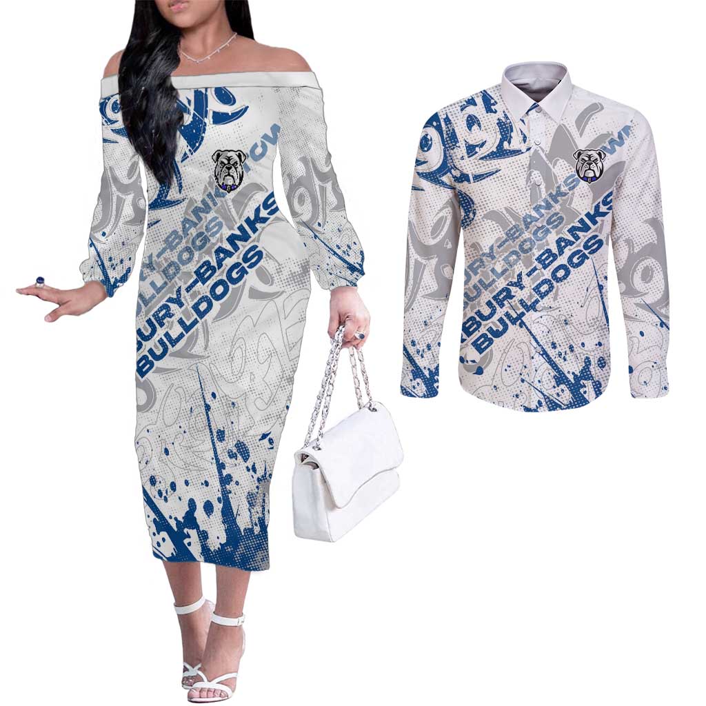 Personalized Canterbury-Bankstown Bulldogs Rugby Couples Matching Off The Shoulder Long Sleeve Dress and Long Sleeve Button Shirt Urban Street Graffiti Style - Distressed Splatter Elements