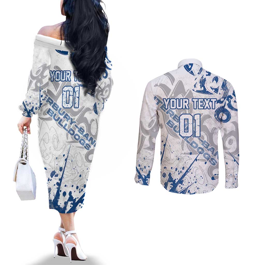Personalized Canterbury-Bankstown Bulldogs Rugby Couples Matching Off The Shoulder Long Sleeve Dress and Long Sleeve Button Shirt Urban Street Graffiti Style - Distressed Splatter Elements