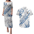 Personalized Canterbury-Bankstown Bulldogs Rugby Couples Matching Puletasi and Hawaiian Shirt Urban Street Graffiti Style - Distressed Splatter Elements
