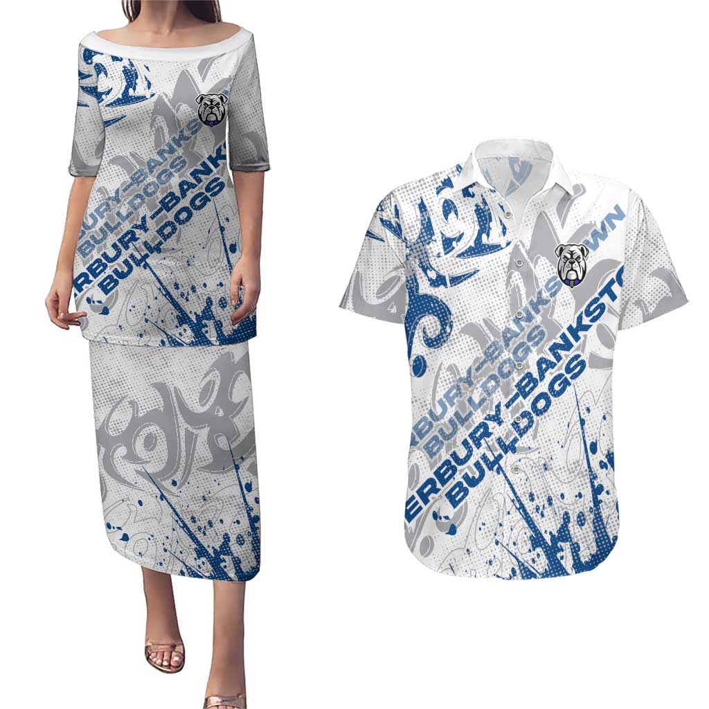 Personalized Canterbury-Bankstown Bulldogs Rugby Couples Matching Puletasi and Hawaiian Shirt Urban Street Graffiti Style - Distressed Splatter Elements