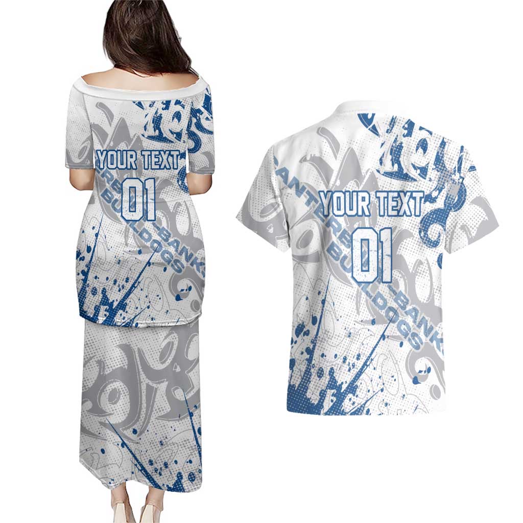 Personalized Canterbury-Bankstown Bulldogs Rugby Couples Matching Puletasi and Hawaiian Shirt Urban Street Graffiti Style - Distressed Splatter Elements
