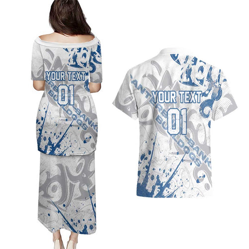 Personalized Canterbury-Bankstown Bulldogs Rugby Couples Matching Puletasi and Hawaiian Shirt Urban Street Graffiti Style - Distressed Splatter Elements