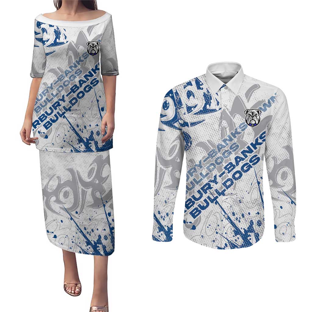 Personalized Canterbury-Bankstown Bulldogs Rugby Couples Matching Puletasi and Long Sleeve Button Shirt Urban Street Graffiti Style - Distressed Splatter Elements