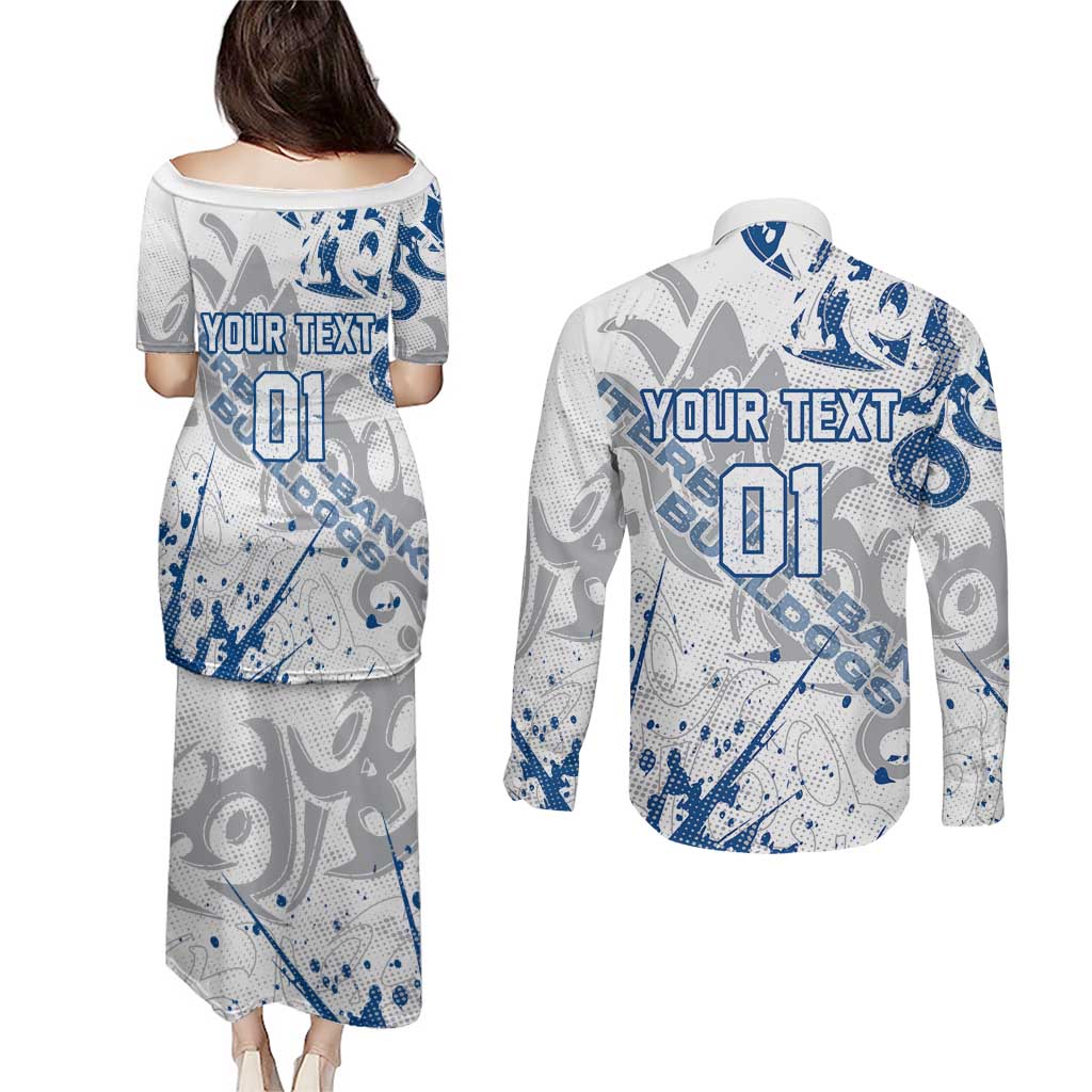 Personalized Canterbury-Bankstown Bulldogs Rugby Couples Matching Puletasi and Long Sleeve Button Shirt Urban Street Graffiti Style - Distressed Splatter Elements