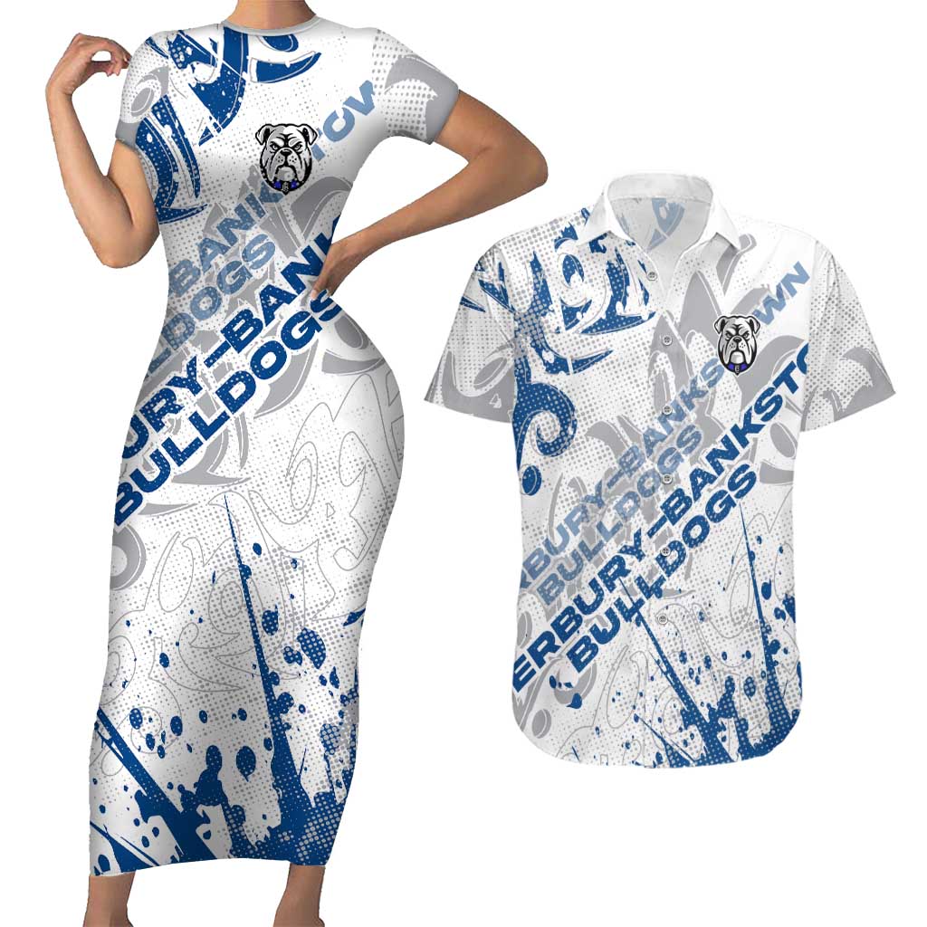 Personalized Canterbury-Bankstown Bulldogs Rugby Couples Matching Short Sleeve Bodycon Dress and Hawaiian Shirt Urban Street Graffiti Style - Distressed Splatter Elements
