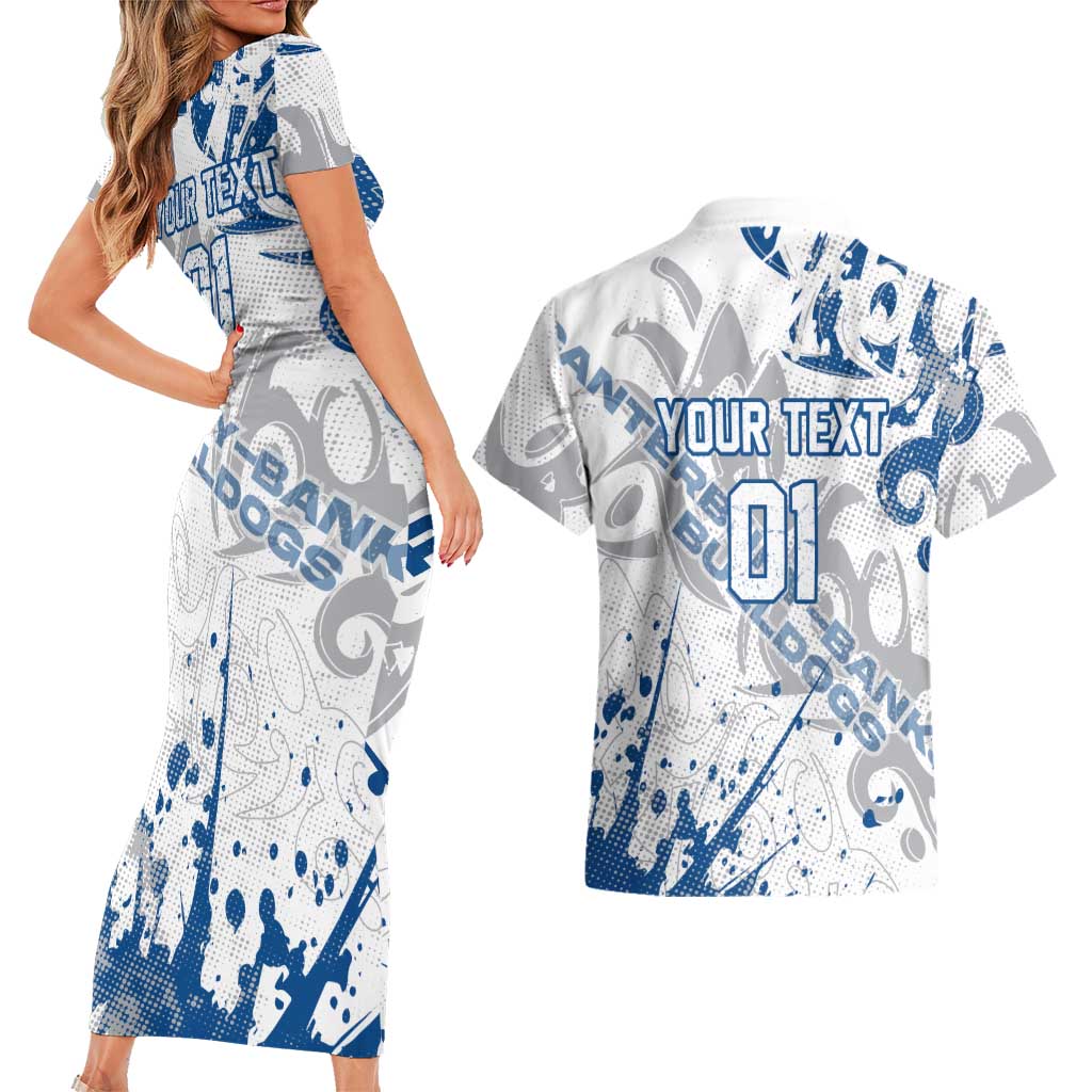 Personalized Canterbury-Bankstown Bulldogs Rugby Couples Matching Short Sleeve Bodycon Dress and Hawaiian Shirt Urban Street Graffiti Style - Distressed Splatter Elements