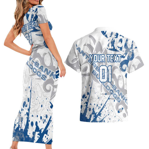 Personalized Canterbury-Bankstown Bulldogs Rugby Couples Matching Short Sleeve Bodycon Dress and Hawaiian Shirt Urban Street Graffiti Style - Distressed Splatter Elements