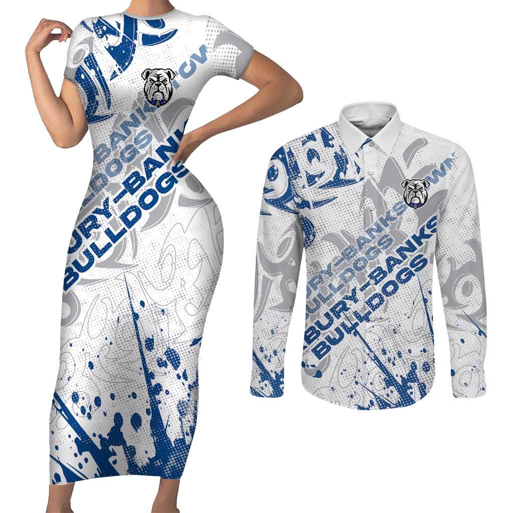 Personalized Canterbury-Bankstown Bulldogs Rugby Couples Matching Short Sleeve Bodycon Dress and Long Sleeve Button Shirt Urban Street Graffiti Style - Distressed Splatter Elements