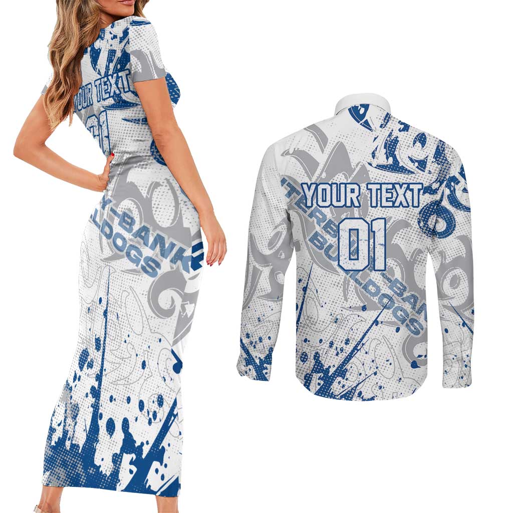 Personalized Canterbury-Bankstown Bulldogs Rugby Couples Matching Short Sleeve Bodycon Dress and Long Sleeve Button Shirt Urban Street Graffiti Style - Distressed Splatter Elements