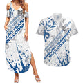 Personalized Canterbury-Bankstown Bulldogs Rugby Couples Matching Summer Maxi Dress and Hawaiian Shirt Urban Street Graffiti Style - Distressed Splatter Elements