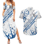 Personalized Canterbury-Bankstown Bulldogs Rugby Couples Matching Summer Maxi Dress and Hawaiian Shirt Urban Street Graffiti Style - Distressed Splatter Elements