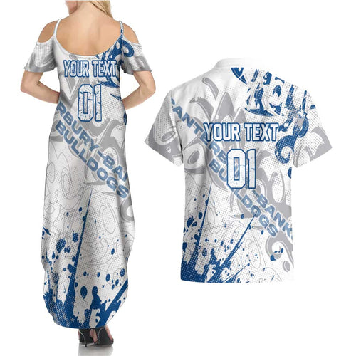 Personalized Canterbury-Bankstown Bulldogs Rugby Couples Matching Summer Maxi Dress and Hawaiian Shirt Urban Street Graffiti Style - Distressed Splatter Elements