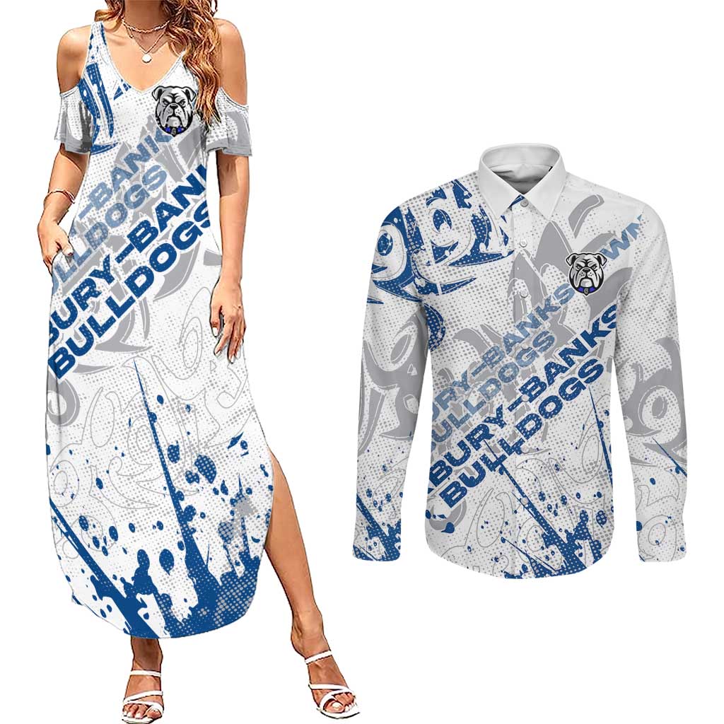 Personalized Canterbury-Bankstown Bulldogs Rugby Couples Matching Summer Maxi Dress and Long Sleeve Button Shirt Urban Street Graffiti Style - Distressed Splatter Elements