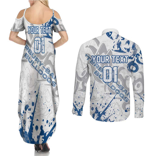 Personalized Canterbury-Bankstown Bulldogs Rugby Couples Matching Summer Maxi Dress and Long Sleeve Button Shirt Urban Street Graffiti Style - Distressed Splatter Elements