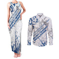 Personalized Canterbury-Bankstown Bulldogs Rugby Couples Matching Tank Maxi Dress and Long Sleeve Button Shirt Urban Street Graffiti Style - Distressed Splatter Elements