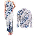Personalized Canterbury-Bankstown Bulldogs Rugby Couples Matching Tank Maxi Dress and Long Sleeve Button Shirt Urban Street Graffiti Style - Distressed Splatter Elements