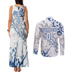 Personalized Canterbury-Bankstown Bulldogs Rugby Couples Matching Tank Maxi Dress and Long Sleeve Button Shirt Urban Street Graffiti Style - Distressed Splatter Elements