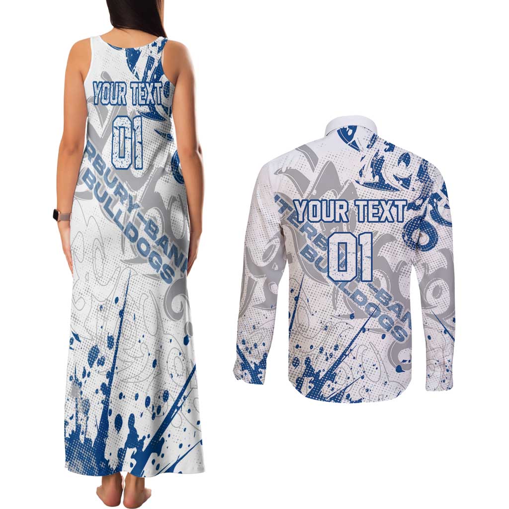 Personalized Canterbury-Bankstown Bulldogs Rugby Couples Matching Tank Maxi Dress and Long Sleeve Button Shirt Urban Street Graffiti Style - Distressed Splatter Elements