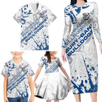 Personalized Canterbury-Bankstown Bulldogs Rugby Family Matching Long Sleeve Bodycon Dress and Hawaiian Shirt Urban Street Graffiti Style - Distressed Splatter Elements