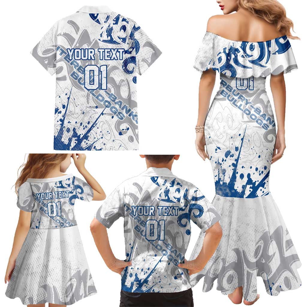 Personalized Canterbury-Bankstown Bulldogs Rugby Family Matching Mermaid Dress and Hawaiian Shirt Urban Street Graffiti Style - Distressed Splatter Elements
