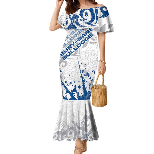 Personalized Canterbury-Bankstown Bulldogs Rugby Family Matching Mermaid Dress and Hawaiian Shirt Urban Street Graffiti Style - Distressed Splatter Elements