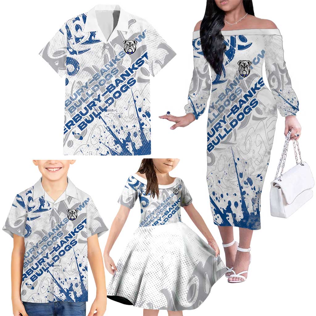 Personalized Canterbury-Bankstown Bulldogs Rugby Family Matching Off The Shoulder Long Sleeve Dress and Hawaiian Shirt Urban Street Graffiti Style - Distressed Splatter Elements