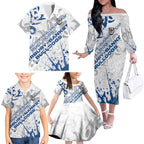 Personalized Canterbury-Bankstown Bulldogs Rugby Family Matching Off The Shoulder Long Sleeve Dress and Hawaiian Shirt Urban Street Graffiti Style - Distressed Splatter Elements
