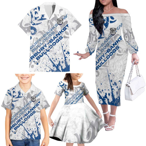 Personalized Canterbury-Bankstown Bulldogs Rugby Family Matching Off The Shoulder Long Sleeve Dress and Hawaiian Shirt Urban Street Graffiti Style - Distressed Splatter Elements