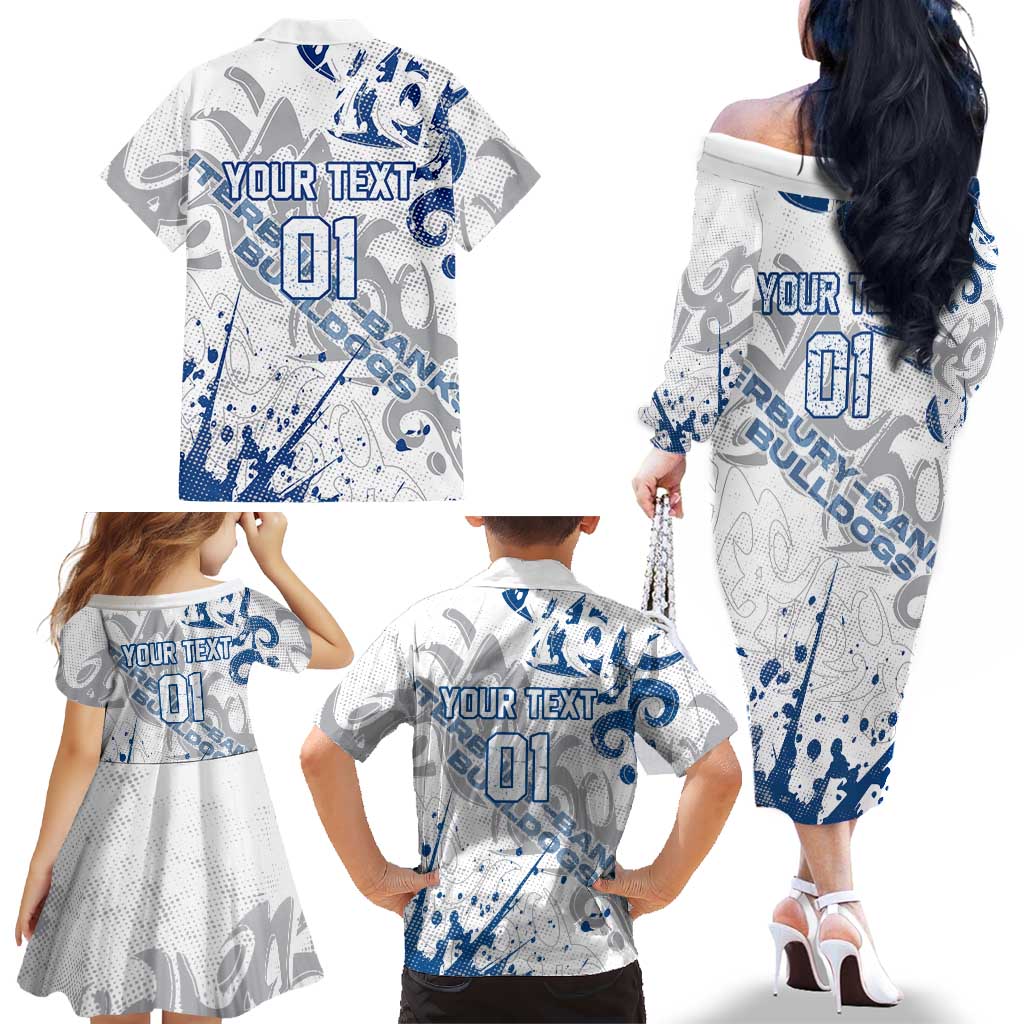 Personalized Canterbury-Bankstown Bulldogs Rugby Family Matching Off The Shoulder Long Sleeve Dress and Hawaiian Shirt Urban Street Graffiti Style - Distressed Splatter Elements