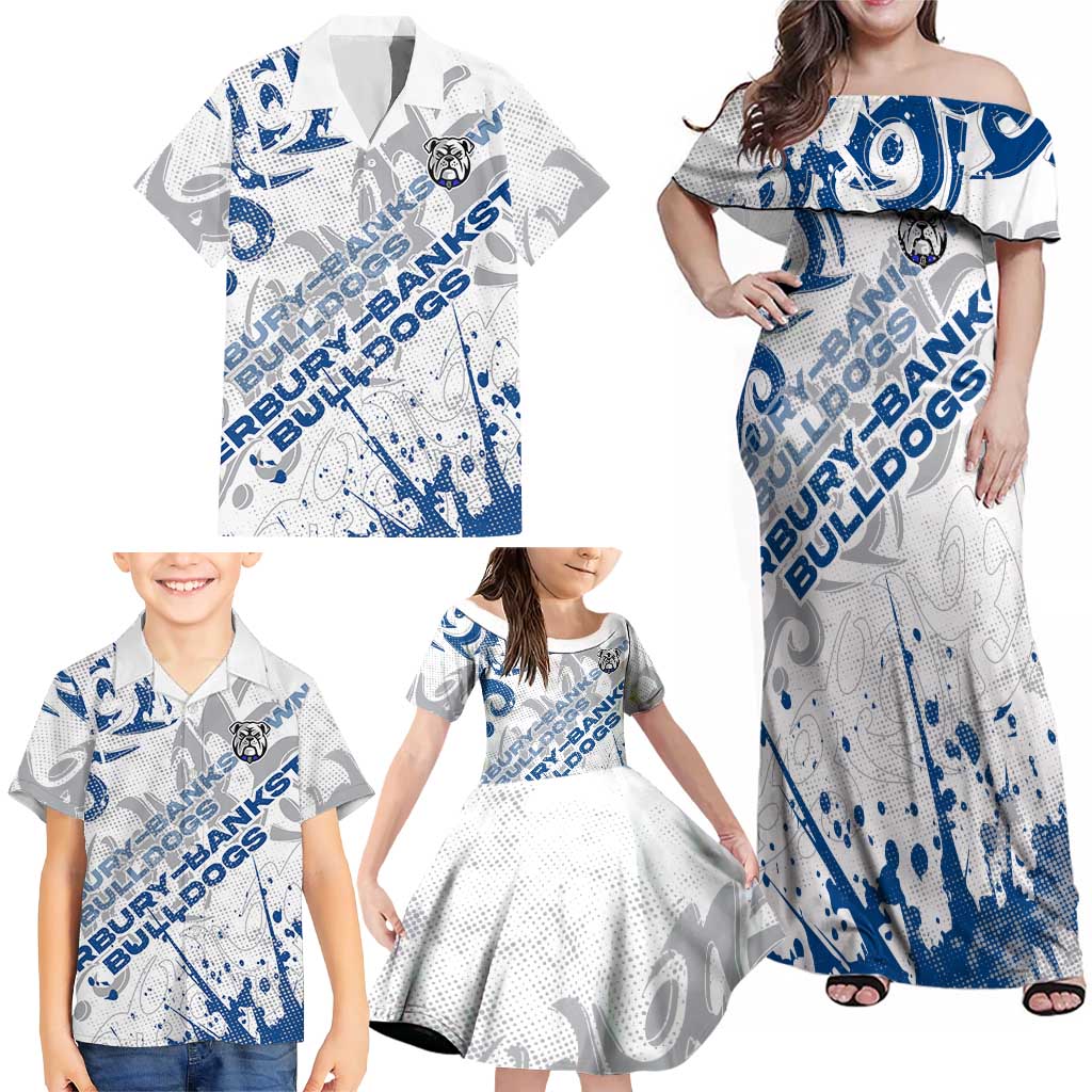 Personalized Canterbury-Bankstown Bulldogs Rugby Family Matching Off Shoulder Maxi Dress and Hawaiian Shirt Urban Street Graffiti Style - Distressed Splatter Elements
