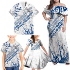 Personalized Canterbury-Bankstown Bulldogs Rugby Family Matching Off Shoulder Maxi Dress and Hawaiian Shirt Urban Street Graffiti Style - Distressed Splatter Elements