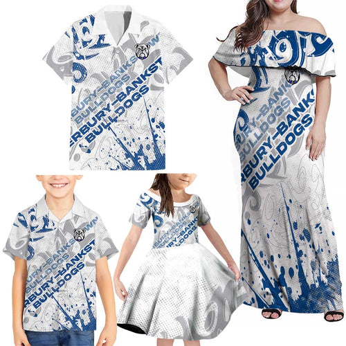 Personalized Canterbury-Bankstown Bulldogs Rugby Family Matching Off Shoulder Maxi Dress and Hawaiian Shirt Urban Street Graffiti Style - Distressed Splatter Elements