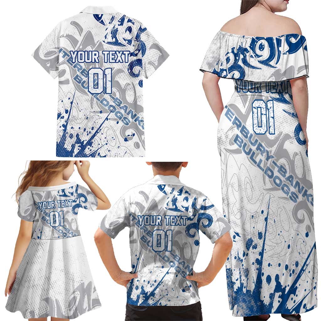 Personalized Canterbury-Bankstown Bulldogs Rugby Family Matching Off Shoulder Maxi Dress and Hawaiian Shirt Urban Street Graffiti Style - Distressed Splatter Elements
