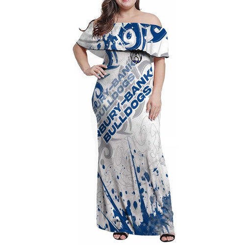 Personalized Canterbury-Bankstown Bulldogs Rugby Family Matching Off Shoulder Maxi Dress and Hawaiian Shirt Urban Street Graffiti Style - Distressed Splatter Elements