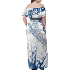 Personalized Canterbury-Bankstown Bulldogs Rugby Family Matching Off Shoulder Maxi Dress and Hawaiian Shirt Urban Street Graffiti Style - Distressed Splatter Elements