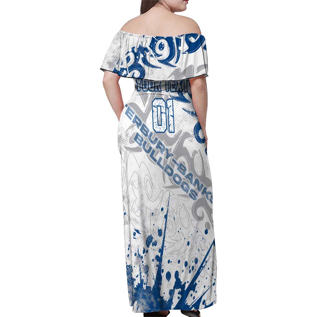 Personalized Canterbury-Bankstown Bulldogs Rugby Family Matching Off Shoulder Maxi Dress and Hawaiian Shirt Urban Street Graffiti Style - Distressed Splatter Elements
