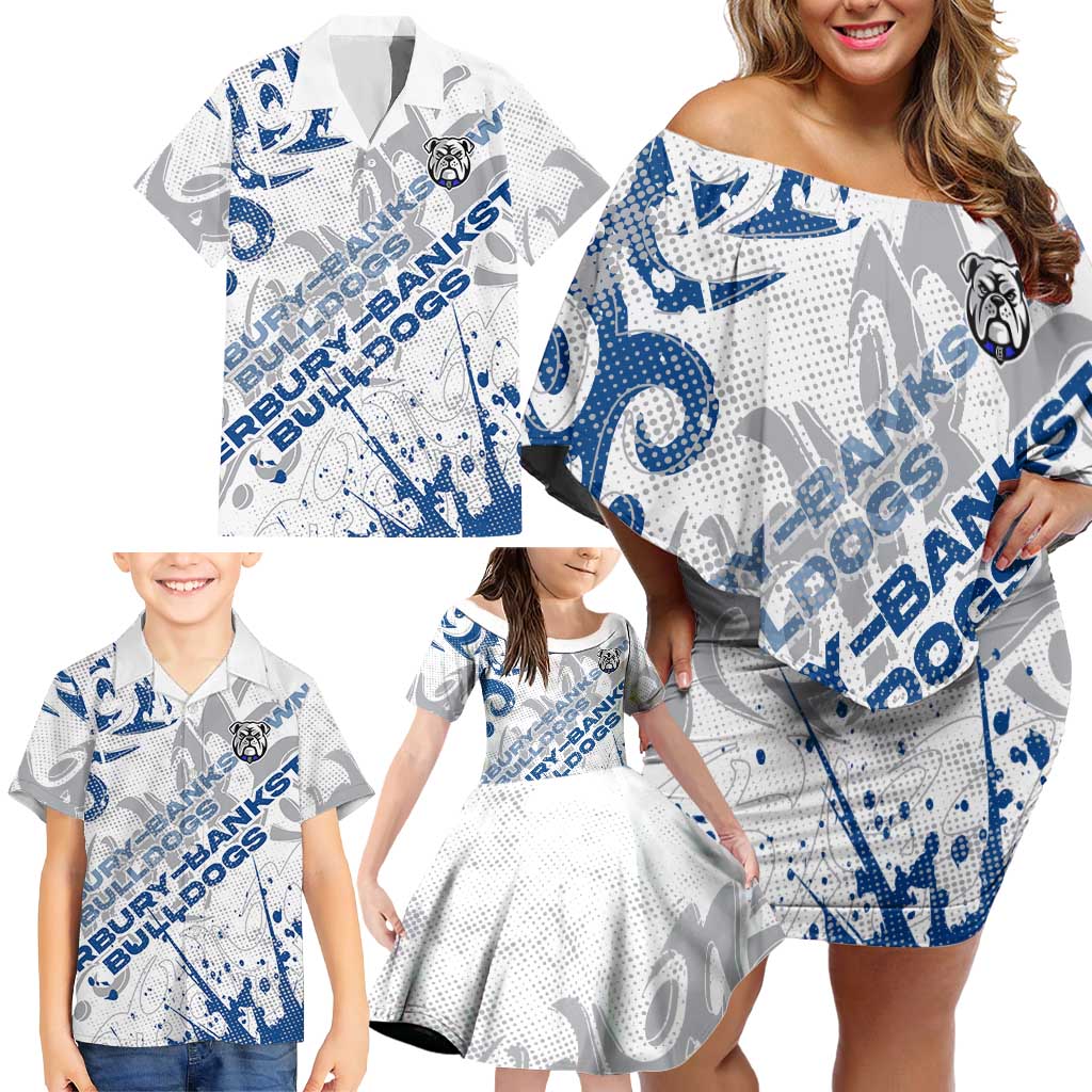 Personalized Canterbury-Bankstown Bulldogs Rugby Family Matching Off Shoulder Short Dress and Hawaiian Shirt Urban Street Graffiti Style - Distressed Splatter Elements