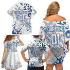 Personalized Canterbury-Bankstown Bulldogs Rugby Family Matching Off Shoulder Short Dress and Hawaiian Shirt Urban Street Graffiti Style - Distressed Splatter Elements