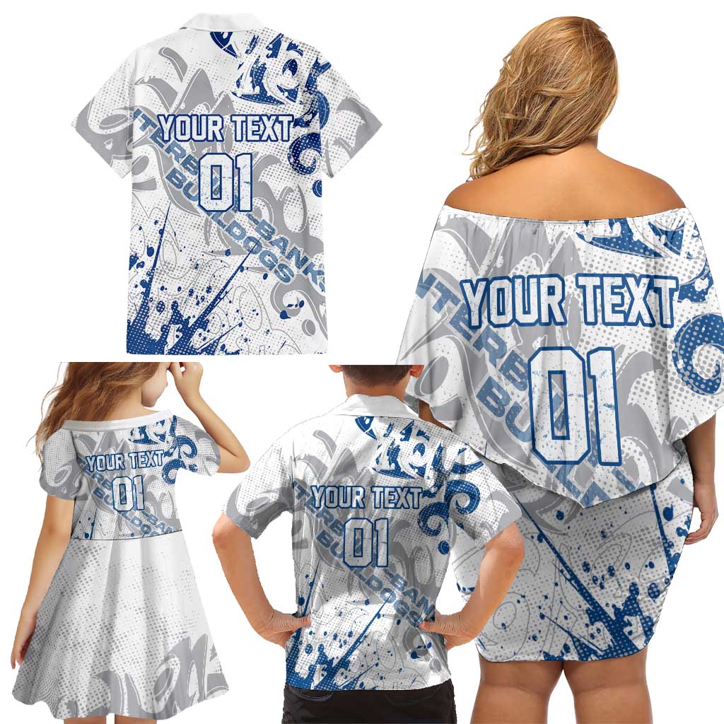 Personalized Canterbury-Bankstown Bulldogs Rugby Family Matching Off Shoulder Short Dress and Hawaiian Shirt Urban Street Graffiti Style - Distressed Splatter Elements