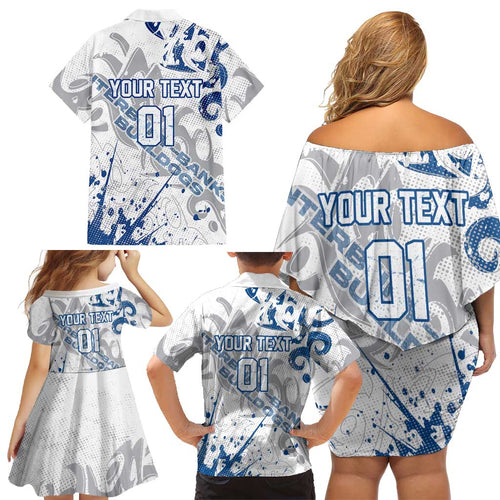Personalized Canterbury-Bankstown Bulldogs Rugby Family Matching Off Shoulder Short Dress and Hawaiian Shirt Urban Street Graffiti Style - Distressed Splatter Elements