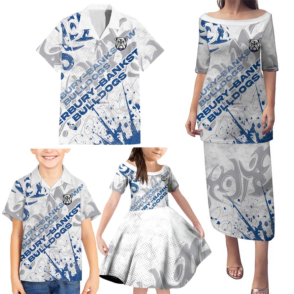 Personalized Canterbury-Bankstown Bulldogs Rugby Family Matching Puletasi and Hawaiian Shirt Urban Street Graffiti Style - Distressed Splatter Elements