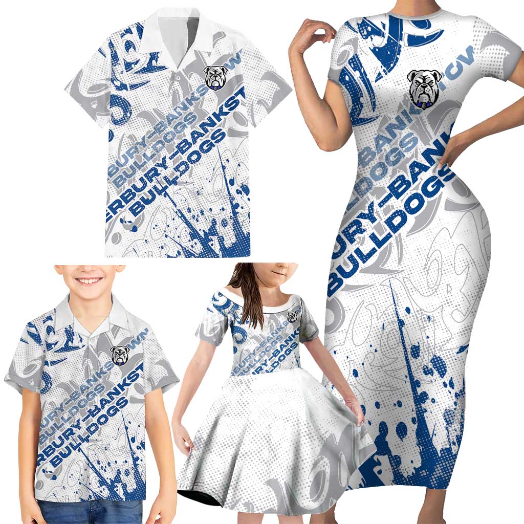 Personalized Canterbury-Bankstown Bulldogs Rugby Family Matching Short Sleeve Bodycon Dress and Hawaiian Shirt Urban Street Graffiti Style - Distressed Splatter Elements
