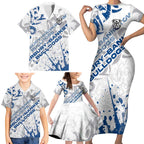 Personalized Canterbury-Bankstown Bulldogs Rugby Family Matching Short Sleeve Bodycon Dress and Hawaiian Shirt Urban Street Graffiti Style - Distressed Splatter Elements