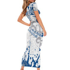 Personalized Canterbury-Bankstown Bulldogs Rugby Family Matching Short Sleeve Bodycon Dress and Hawaiian Shirt Urban Street Graffiti Style - Distressed Splatter Elements